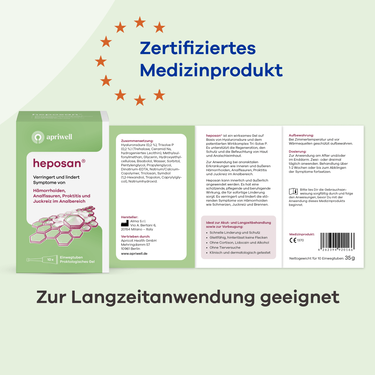 Produktbild des zertifizierten Medizinprodukts heposan proktologisches Gel. Es verringert und lindert Symptome von Hämorrhoiden, Analfissuren, Proktitis und Juckreiz im Analbereich. Das Gel ist zur Langzeitanwendung geeignet, bietet schnelle Linderung und Schutz, ist gleitfähig, hinterlässt keine Flecken und ist ohne Cortison, Lidocain oder Alkohol. Klinisch und dermatologisch getestet. Die Packung enthält 10 Einwegtuben mit 35 Gramm.