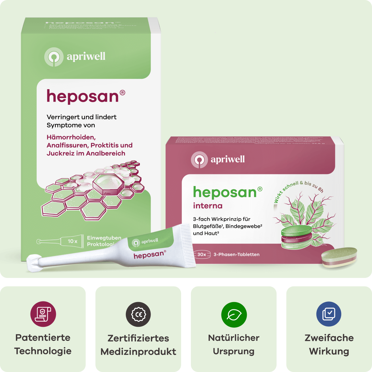 Infografik mit zwei Heposan Produkten. Links eine Packung Heposan und 10 Einwegtuben Proktologi. Text: Verringert und lindert Symptome von Hämorrhoiden, Analfissuren, Proktitis und Juckreiz im Analbereich. Rechts eine Packung Heposan interna mit 30 3-Phasen-Tabletten. Text: Wirkt schnell und bis zu 8h. 3-fach Wirkprinzip für Blutgefäße (siehe Quelle 1), Bindegewebe (siehe Quelle 2) und Haut (siehe Quelle 3). Unten vier grüne Kacheln: Patentierte Technologie, Zertifiziertes Medizinprodukt, Nat...