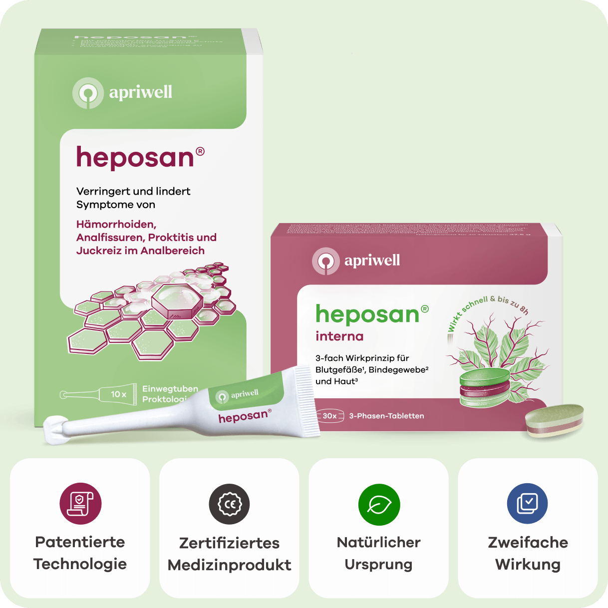 Produktbild apriwell heposan. Die Packung heposan lindert Hämorrhoiden, Analfissuren, Proktitis und Juckreiz im Analbereich, mit 10 Einwegtuben. Davor eine heposan Tube. Die Packung heposan interna wirkt schnell (Quelle siehe Anmerkung) und bis zu 8h, 3-fach für Blutgefäße (siehe Quelle 1), Bindegewebe (siehe Quelle 2) und Haut (siehe Quelle 3), mit 30 3-Phasen-Tabletten. Unten vier Icons: Patentierte Technologie, Zertifiziertes Medizinprodukt, Natürlicher Ursprung, Zweifache Wirkung.