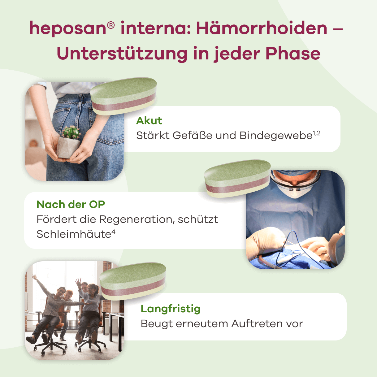 Infografik zu heposan® interna Hämorrhoiden – Unterstützung in jeder Phase. Drei Abschnitte mit einer grün-rosa-beigen Kapsel als Icon und erklärenden Texten. Akut: Eine Person hält einen Kaktus. Text dazu Stärkt Gefäße und Bindegewebe (siehe Quelle 1,2). Nach der OP: Operationsszene mit Händen. Text dazu Fördert die Regeneration, schützt Schleimhäute (siehe Quelle 4). Langfristig: Drei jubelnde Personen. Text dazu Beugt erneutem Auftreten vor.