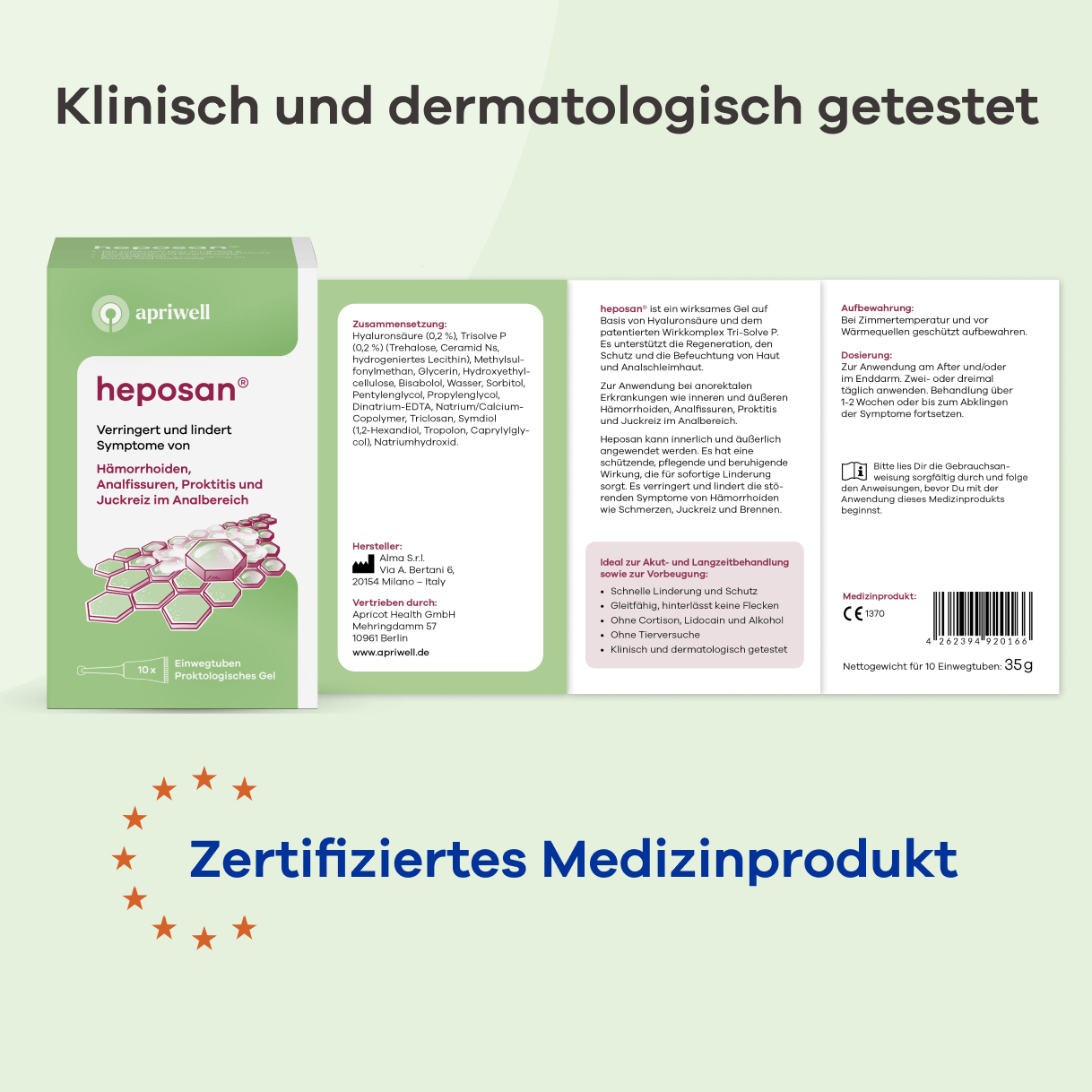 Produktbild Heposan Proktologisches Gel von apriwell. Ein zertifiziertes, klinisch und dermatologisch getestetes Medizinprodukt in 10 Einwegtuben. Es verringert und lindert Symptome von Hämorrhoiden, Analfissuren, Proktitis und Juckreiz im Analbereich. Mit Hyaluronsäure und Tri-Solve P für schnelle Linderung und Schutz. Frei von Cortison, Lidocain, Alkohol und Tierversuchen. Die Gebrauchsanweisung ist vor der Anwendung zu lesen.