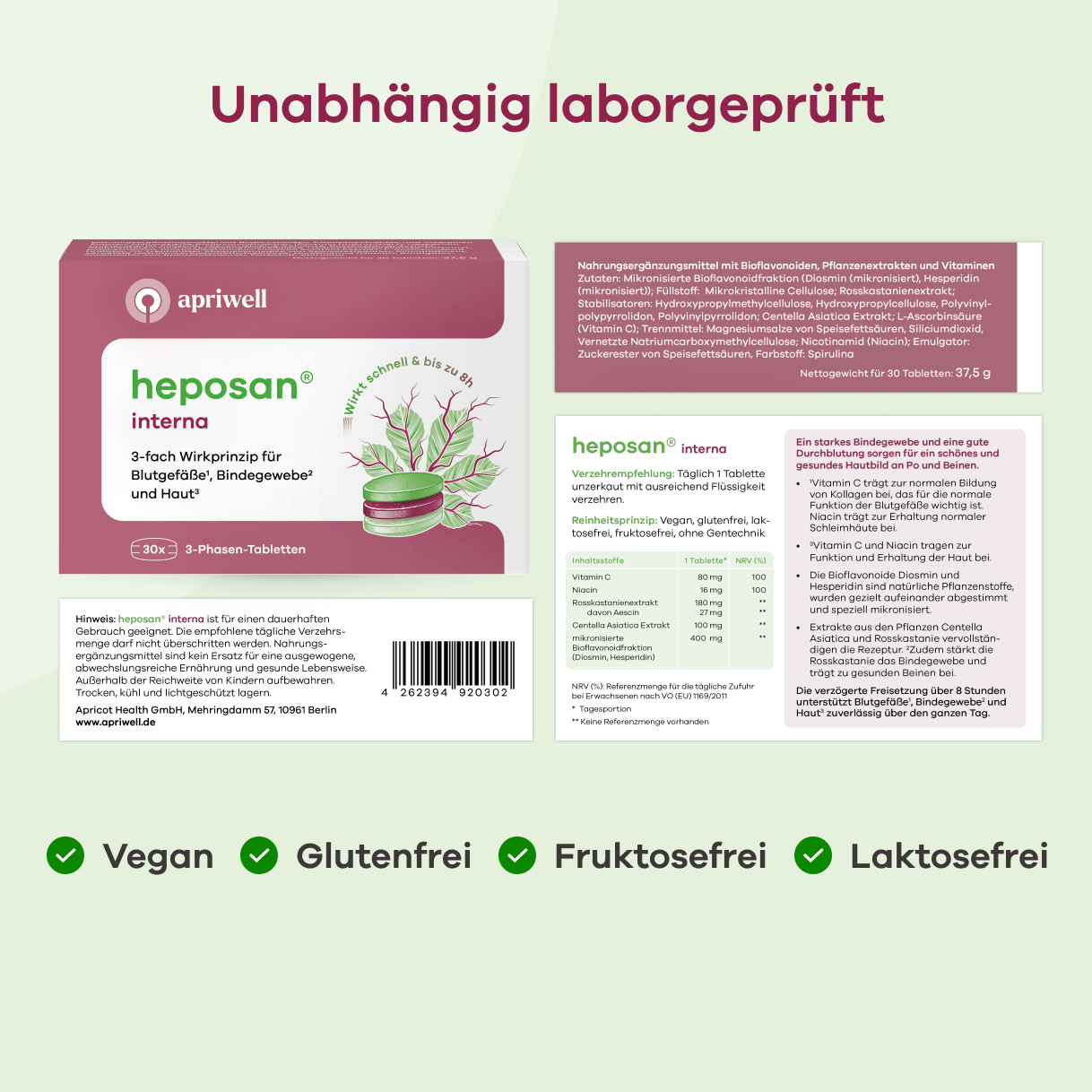 Infografik zu heposan® interna, einem unabhängig laborgeprüften Nahrungsergänzungsmittel. Eine Packung zeigt den Namen „heposan® interna“ und den Text „3-fach Wirkprinzip für Blutgefäße (siehe Quelle 1), Bindegewebe (siehe Quelle 2) und Haut (siehe Quelle 3)“ sowie „30 3-Phasen-Tabletten“. Eine Illustration symbolisiert die Wirkung, die schnell und bis zu 8 Stunden anhält. Das Produkt ist vegan, glutenfrei, laktosefrei und fruktosefrei und unterstützt ein starkes Bindegewebe, eine gute Durchb...