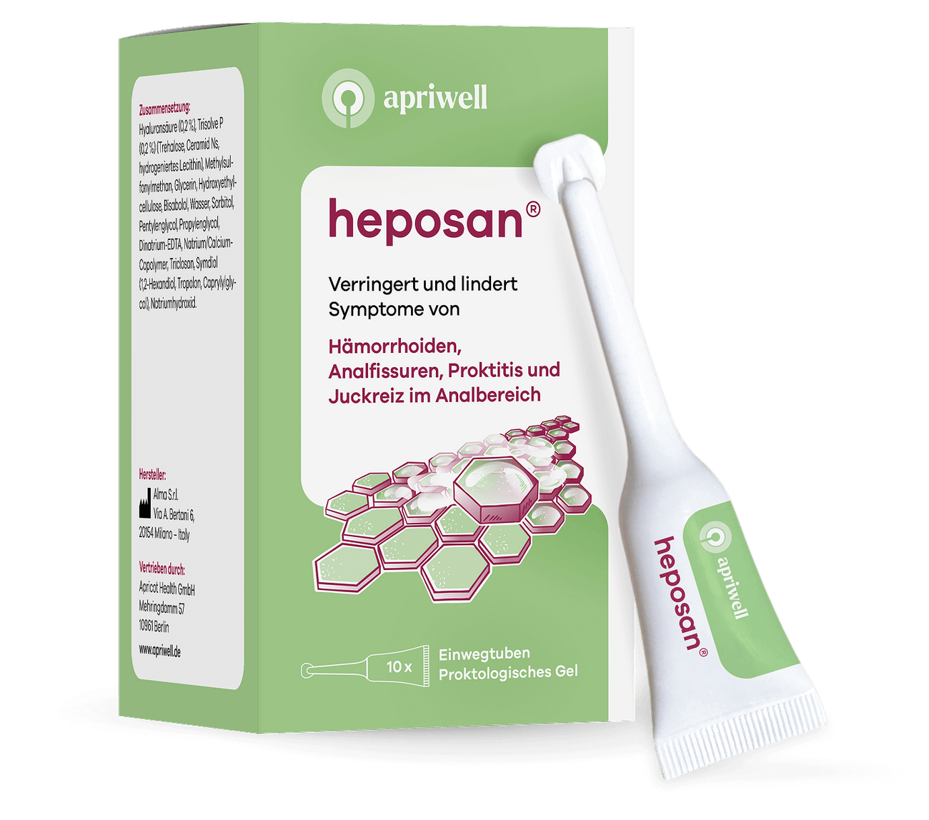 Produktbild einer grünen und weißen Packung heposan und einer einzelnen Tube proktologisches Gel. Die Packung beschreibt heposan als Gel, das Symptome von Hämorrhoiden, Analfissuren, Proktitis und Juckreiz im Analbereich verringert und lindert. Es sind 10 Einwegtuben enthalten.
