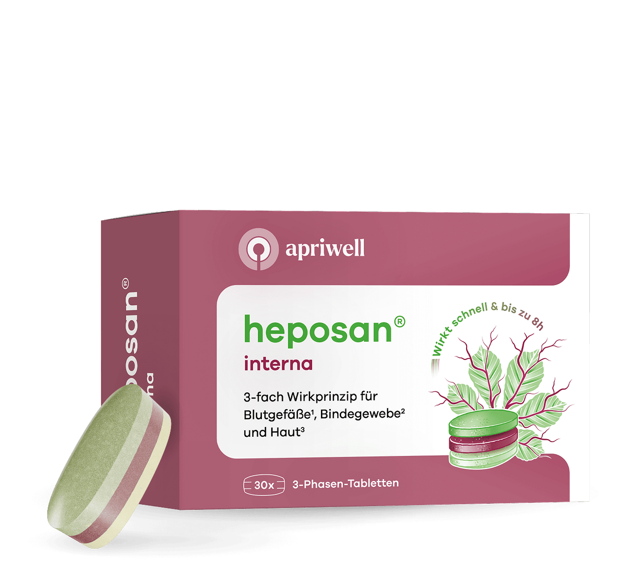 Produktbild einer Packung Heposan interna mit dem Schriftzug apriwell. Auf der Packung steht: heposan® interna – 3-fach Wirkprinzip für Blutgefäße (siehe Quelle 1), Bindegewebe (siehe Quelle 2) und Haut (siehe Quelle 3). Wirkt schnell und bis zu 8h. 30x 3-Phasen-Tabletten. Daneben liegt eine dreischichtige ovale Tablette in Hellgrün, Rosa und Hellbeige.