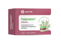 Eine Packung apriwell heposan interna. Auf der Verpackung steht: "Wirkt schnell und bis zu 8h". Es gibt ein 3-faches Wirkprinzip für Blutgefäße (siehe Quelle 1), Bindegewebe (siehe Quelle 2) und Haut (siehe Quelle 2). Inhalt: 30x 3-Phasen-Tabletten. Eine Illustration zeigt grüne Blätter und zwei gestapelte ovale Tabletten in Grün und Burgunderrot.