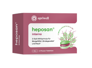 Eine Packung apriwell heposan interna. Auf der Verpackung steht: "Wirkt schnell und bis zu 8h". Es gibt ein 3-faches Wirkprinzip für Blutgefäße (siehe Quelle 1), Bindegewebe (siehe Quelle 2) und Haut (siehe Quelle 2). Inhalt: 30x 3-Phasen-Tabletten. Eine Illustration zeigt grüne Blätter und zwei gestapelte ovale Tabletten in Grün und Burgunderrot.