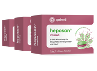 Drei Produktpackungen von apriwell heposan interna. Auf der Vorderseite steht heposan interna, 3-fach Wirkprinzip für Blutgefäße (siehe Quelle 1), Bindegewebe (siehe Quelle 2) und Haut (siehe Quelle 3). Es wirkt schnell und bis zu 8h. Inhalt: 30x 3-Phasen-Tabletten. Daneben ist eine Illustration mit einem Pflanzenblatt und zwei runden, geschichteten Tabletten in Grün und Rot-Violett zu sehen.