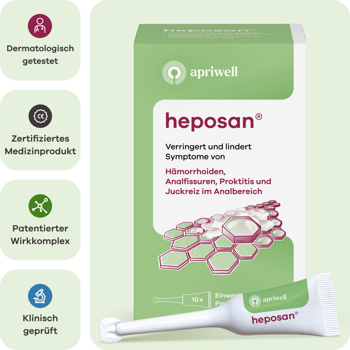 Infografik mit einer Packung heposan und einem Tubenapplikator. Die Packung zeigt apriwell heposan und beschreibt die Wirkung: Verringert und lindert Symptome von Hämorrhoiden, Analfissuren, Proktitis und Juckreiz im Analbereich. Unten ist 10 x Einweg-Präparate aufgedruckt. Auf dem Applikator steht apriwell heposan. Links sind die Produktmerkmale dermatologisch getestet, zertifiziertes Medizinprodukt, patentierter Wirkkomplex und klinisch geprüft abgebildet.
