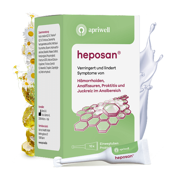 Produktpackung heposan von apriwell. Verringert und lindert Symptome von Hämorrhoiden, Analfissuren, Proktitis und Juckreiz im Analbereich. Enthält 10 Einwegtuben Proktol.