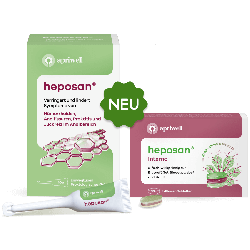 Produktbild: Zwei Packungen und eine Tube apriwell heposan. Die grüne Packung heposan lindert Symptome von Hämorrhoiden, Analfissuren, Proktitis und Juckreiz im Analbereich und enthält 10 Einwegtuben Proktologisches Gel. Die magenta Packung heposan interna wirkt schnell und bis zu 8 Stunden, hat ein 3-fach Wirkprinzip für Blutgefäße (siehe Quelle 1), Bindegewebe (siehe Quelle 2) und Haut (siehe Quelle 3) und enthält 30 3-Phasen-Tabletten. Ein grünes Schild zeigt den Text NEU.