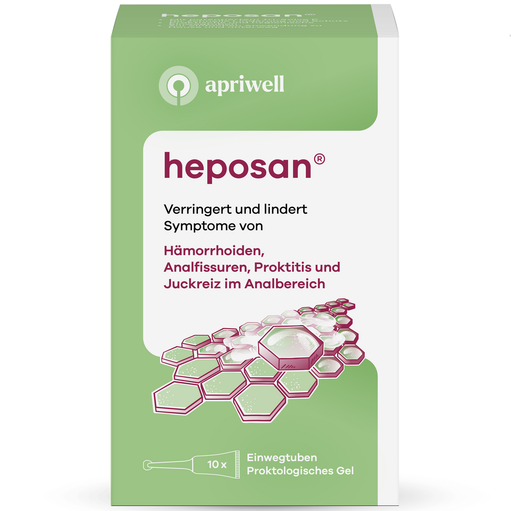 Produktverpackung für heposan® von apriwell. Auf der Packung steht: Verringert und lindert Symptome von Hämorrhoiden, Analfissuren, Proktitis und Juckreiz im Analbereich. Unten sind 10 Einwegtuben Proktologisches Gel abgebildet.