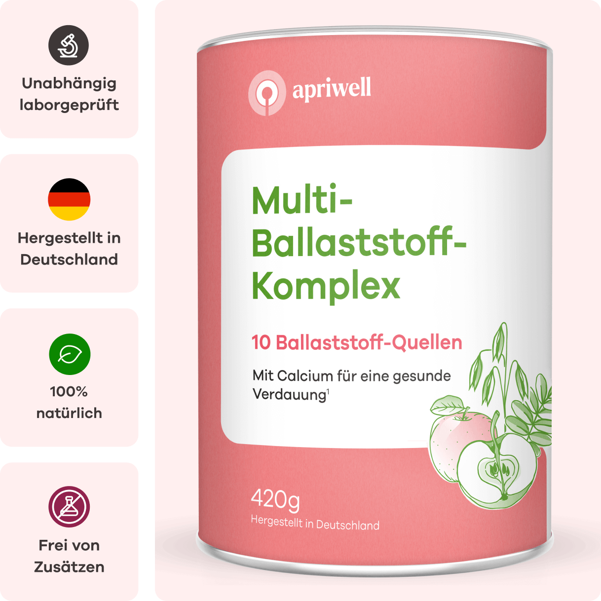 Eine Dose apriwell Multi-Ballaststoff-Komplex mit der Aufschrift: Multi-Ballaststoff-Komplex, 10 Ballaststoff-Quellen, Mit Calcium für eine gesunde Verdauung (siehe Quelle 1), 420g, Hergestellt in Deutschland. Dazu eine Illustration von einem Apfel und Haferrispen. Daneben vier Felder mit den Informationen: Unabhängig laborgeprüft, Hergestellt in Deutschland, 100% natürlich, Frei von Zusätzen.
