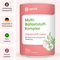 Eine Dose apriwell Multi-Ballaststoff-Komplex. Auf dem Etikett steht: 10 Ballaststoff-Quellen, Mit Calcium für eine gesunde Verdauung (siehe Quelle 1), 420g, Hergestellt in Deutschland. Dazu eine Illustration von Äpfeln und grünen Blättern. Links daneben sind die Punkte Unabhängig laborgeprüft, Hergestellt in Deutschland, 100% natürlich und Frei von Zusätzen aufgeführt.