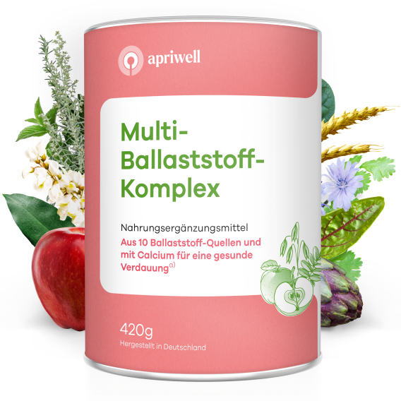 Produktbild: Dose mit der Aufschrift "apriwell Multi-Ballaststoff-Komplex", Nahrungsergänzungsmittel aus 10 Ballaststoff-Quellen und mit Calcium für eine gesunde Verdauung(siehe Quelle a), 420g, hergestellt in Deutschland, umgeben von Naturmotiven wie Apfel, Getreideähren, Chicorée und Pflanzen.