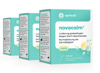 Produktbild
Auf der Vorderseite einer Packung von Novacalm sind die Worte "Novacalm", "Linderung gasbedingter Magen-Darm-Beschwerden" und "Normalisierung der Darmtätigkeit" in weißer Schrift auf mintgrünem Hintergrund zu lesen. Darunter befindet sich eine gelbe Schaltfläche mit der Aufschrift "Vanille". Eine weitere Packung Novacalm ist im Hintergrund zu sehen.