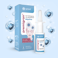 Produktbild – Premigran Nasenspray zur Vorbeugung von episodischer Migräne mit oder ohne Aura, mit Hinweisen zu Inhaltsstoffen natürlichen Ursprungs, patentierter Technologie und als zertifiziertes Medizinprodukt. Die Verpackung und das Spray sind zu sehen.