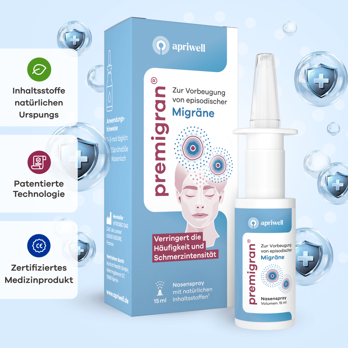 Produktbild – Premigran Nasenspray zur Vorbeugung von episodischer Migräne mit oder ohne Aura, mit Hinweisen zu Inhaltsstoffen natürlichen Ursprungs, patentierter Technologie und als zertifiziertes Medizinprodukt. Die Verpackung und das Spray sind zu sehen.