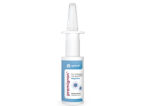 Produktbild – Ein Pumpspray mit der Aufschrift "premian" und "Zur Vorbeugung von episodischer Migräne". Darunter ist das Logo "apriwell" zu sehen.