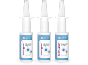Produktbild – Drei Packungen Premigran Nasenspray zur Vorbeugung von Migräne.