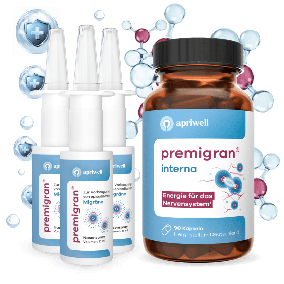 Produktbild von drei Flaschen Premigran Nasenspray zur Vorbeugung von episodischer Migräne und einer Dose Premigran interna mit 90 Kapseln. Die Kapseldose ist beschriftet mit Energie für das Nervensystem (siehe Quelle 1). Der Hintergrund enthält grafische Darstellungen von Molekülen sowie transparente Blasen mit einem Schutzschild-Symbol.