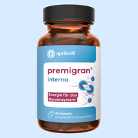 Eine Produktpackung Premigran Interna von apriwell. Die braune Flasche mit schwarzem Deckel enthält Kapseln. Das Etikett nennt Premigran interna als Energie für das Nervensystem (siehe Quelle 1). Darauf steht auch 90 Kapseln, hergestellt in Deutschland. Eine Grafik zeigt blaue Kreise mit roten Verästelungen.