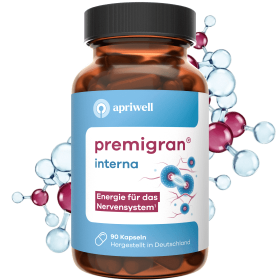 Produktbild einer Braunglasflasche von apriwell premigran interna. Auf dem Etikett stehen die Texte premigran interna, Energie für das Nervensystem (siehe Quelle 1), 90 Kapseln und Hergestellt in Deutschland. Im Hintergrund sind stilisierte molekulare Strukturen in Blau und Magenta zu sehen.