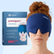 Infografik zur Premigran Gel-Kühlmaske von Apriwell. Eine Person trägt die blaue Maske. Die Verpackung nennt folgende Merkmale: langanhaltende Temperatur durch wohltuende Kälte oder Wärme für Stirn, Schläfen und Augen, sofortige Abdunklung zur Abschirmung visueller Reize sowie sanfte Kompression. Ergänzt durch ergonomisches Wellen-Design, inklusive Aufbewahrungsbeutel, geruchsneutral und universelle Passform.