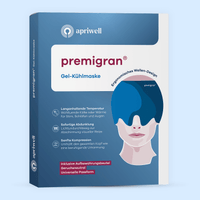 Produktbild der Premigran Gel-Kühlmaske von apriwell. Die Verpackung zeigt die Anwendung im ergonomischen Wellen-Design. Genannte Merkmale sind langanhaltende Kälte oder Wärme für Stirn, Schläfen und Augen, sofortige Abdunklung zur Abschirmung visueller Reize sowie sanfte Kompression. Die Maske ist geruchsneutral, besitzt eine universelle Passform und wird inklusive eines Aufbewahrungsbeutels geliefert.