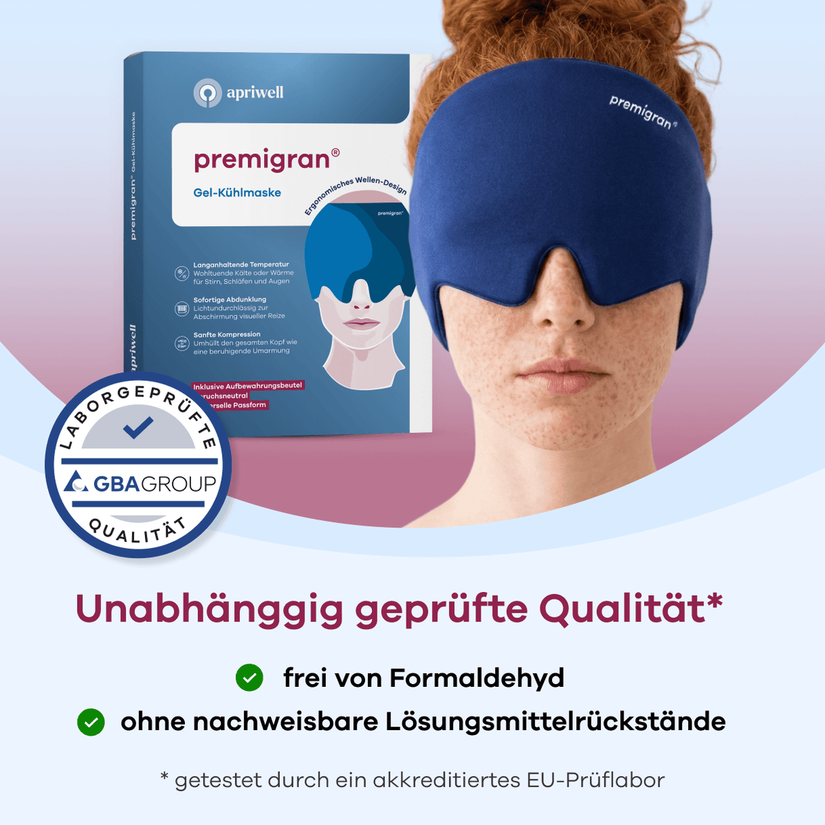 Infografik zeigt die Anwendung der blauen premigran Gel-Kühlmaske und die Verpackung. Text: Unabhängig geprüfte Qualität (Quelle siehe Anmerkung), frei von Formaldehyd, ohne nachweisbare Lösungsmittelrückstände. Ein Siegel der GBA Group bestätigt die Qualität. Anmerkung: getestet durch ein akkreditiertes EU-Prüflabor. Merkmale: ergonomisches Wellen-Design, langanhaltende Temperatur, sofortige Abdunklung, sanfte Kompression.