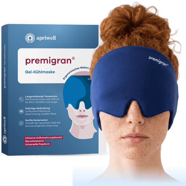 Infografik zur premigran Gel-Kühlmaske von apriwell. Eine Person trägt die blaue Maske neben der Verpackung. Diese beschreibt langanhaltende Temperatur für Stirn, Schläfen und Augen, sofortige Abdunklung zur Abschirmung visueller Reize sowie sanfte Kompression. Ergänzend werden ein ergonomisches Wellendesign, universelle Passform, Geruchsneutralität und ein Aufbewahrungsbeutel aufgeführt.