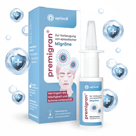 Produktbild: Premigran Nasenspray zur Vorbeugung von Migräne. Der Karton und das Fläschchen zeigen das Logo von Apriwell. Darstellungen auf dem Karton zeigen eine Frau mit Kopfschmerzsymbolen über dem Kopf, sowie die Aufschriften "Zur Vorbeugung von episodischer Migräne", "Verringert die Häufigkeit und Schmerzintensität" und "Nasenspray mit natürlichen Inhaltsstoffen".