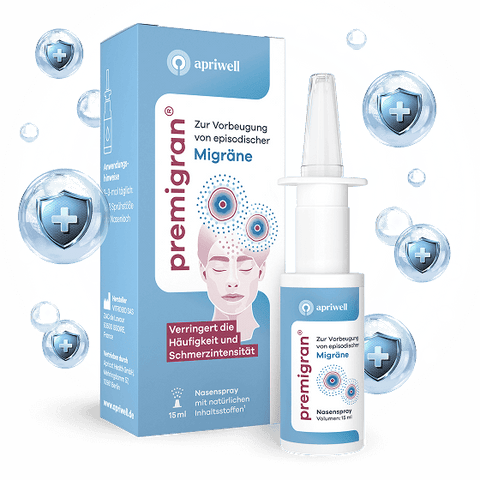 Produktbild – Premigran Nasenspray zur Vorbeugung von Migräne. Der Karton und das Fläschchen zeigen das Logo von Apriwell. Darstellungen auf dem Karton zeigen eine Frau mit Kopfschmerzsymbolen über dem Kopf, sowie die Aufschriften "Zur Vorbeugung von episodischer Migräne", "Verringert die Häufigkeit und Schmerzintensität" und "Nasenspray mit natürlichen Inhaltsstoffen".