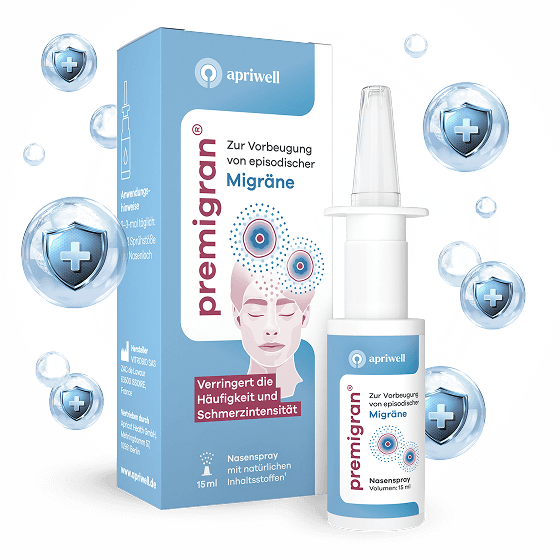 Produktbild: Premigran Nasenspray zur Vorbeugung von Migräne. Der Karton und das Fläschchen zeigen das Logo von Apriwell. Darstellungen auf dem Karton zeigen eine Frau mit Kopfschmerzsymbolen über dem Kopf, sowie die Aufschriften "Zur Vorbeugung von episodischer Migräne", "Verringert die Häufigkeit und Schmerzintensität" und "Nasenspray mit natürlichen Inhaltsstoffen".