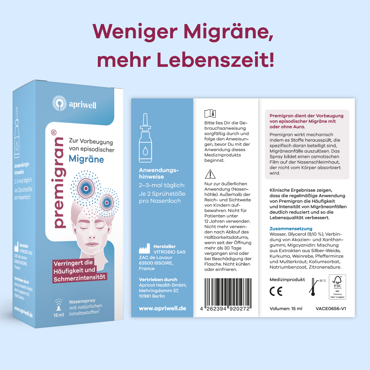 Verpackung und Anwendung: Premigran zur Vorbeugung von episodischer Migräne mit oder ohne Aura. Die Überschrift lautet Weniger Migräne, mehr Lebenszeit! Das Nasenspray mit natürlichen Inhaltsstoffen (siehe Quelle 1) verringert die Schmerzintensität. Anwendung: 2 bis 3-mal täglich je 2 Sprühstöße pro Nasenloch. Es wirkt mechanisch durch einen osmotischen Film auf der Nasenschleimhaut. Volumen: 15 ml.