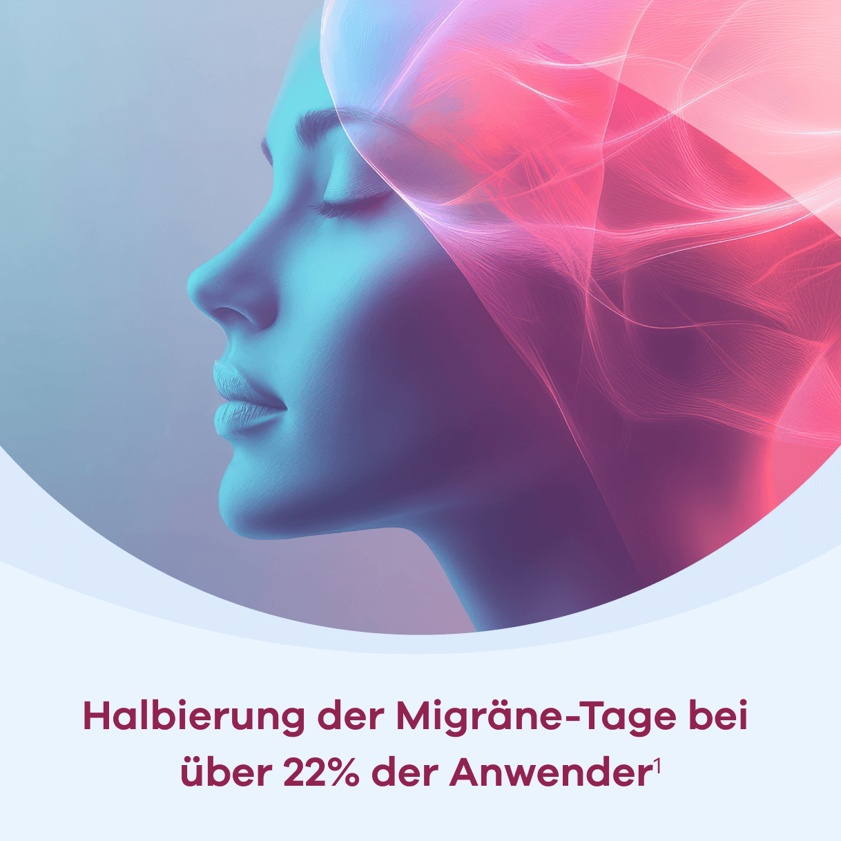 Illustration – Kopfprofil einer Frau mit einem von Lichteffekten umgebenen Gehirn, darunter der Text „Halbierung der Migräne-Tage bei über 22% der Anwender“ (siehe Quelle 1).