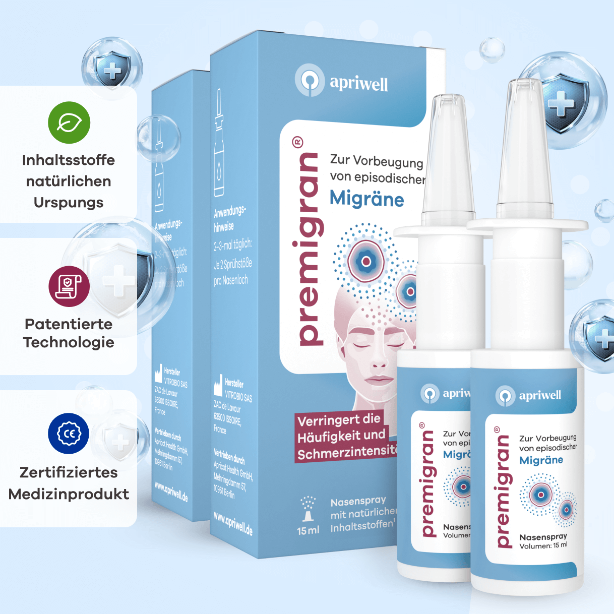 Produktbild – Premigran Nasenspray zur Vorbeugung von episodischer Migräne mit oder ohne Aura, mit Hinweisen zu Inhaltsstoffen natürlichen Ursprungs, patentierter Technologie und als zertifiziertes Medizinprodukt. Mehrere Packungen und Sprays sind zu sehen.