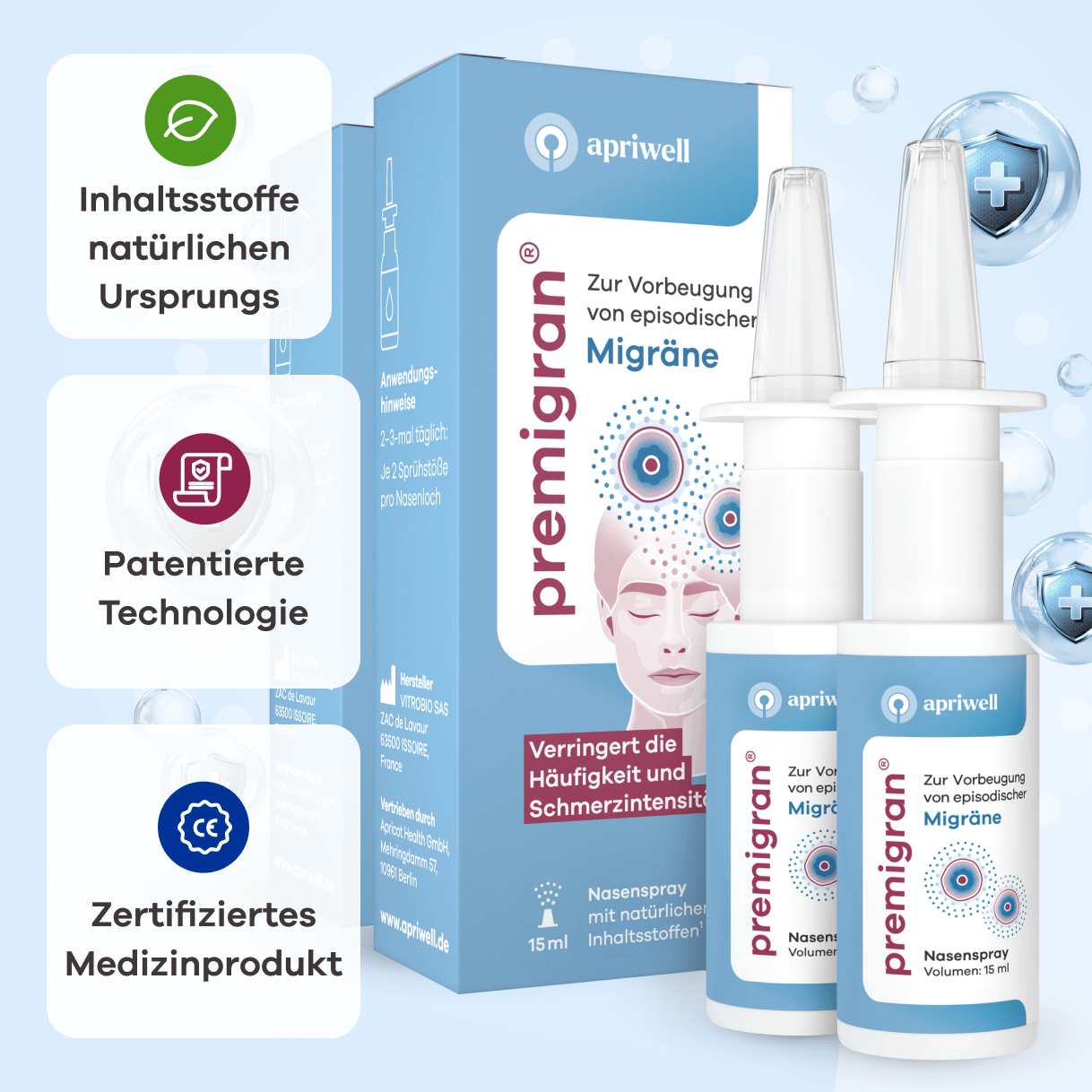 Produktbild – Premigran Nasenspray zur Vorbeugung von episodischer Migräne mit oder ohne Aura, mit Hinweisen zu Inhaltsstoffen natürlichen Ursprungs, patentierter Technologie und als zertifiziertes Medizinprodukt. Mehrere Packungen und Sprays sind zu sehen.