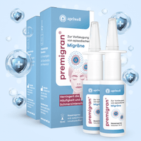 Produktbild – Premigran Nasenspray zur Vorbeugung von episodischer Migräne mit oder ohne Aura, mit Symbolen für deutliche Verringerung der Migräneanfälle, Reduzierung der Schmerzintensität und Dauer sowie Hinweis auf keine Gewöhnung oder psychischen Einschränkungen und einfach bessere Lebensqualität.