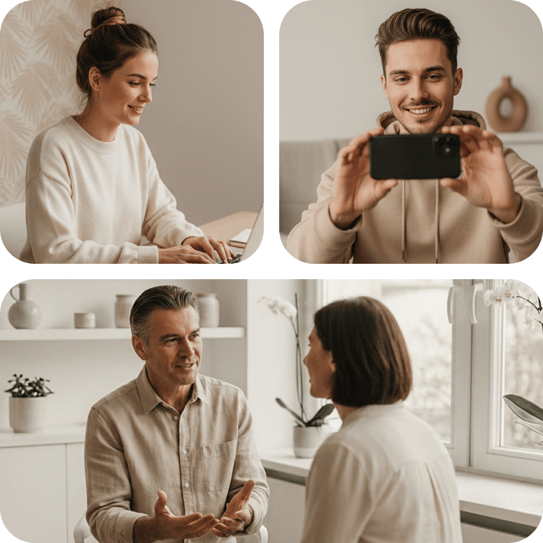 Vier Personen in verschiedenen Situationen: Eine Frau arbeitet am Laptop. Ein Mann filmt mit dem Smartphone. Ein Mann unterhält sich gestikulierend mit einer Frau. Die Szenerie symbolisiert Zusammenarbeit und Kommunikation.