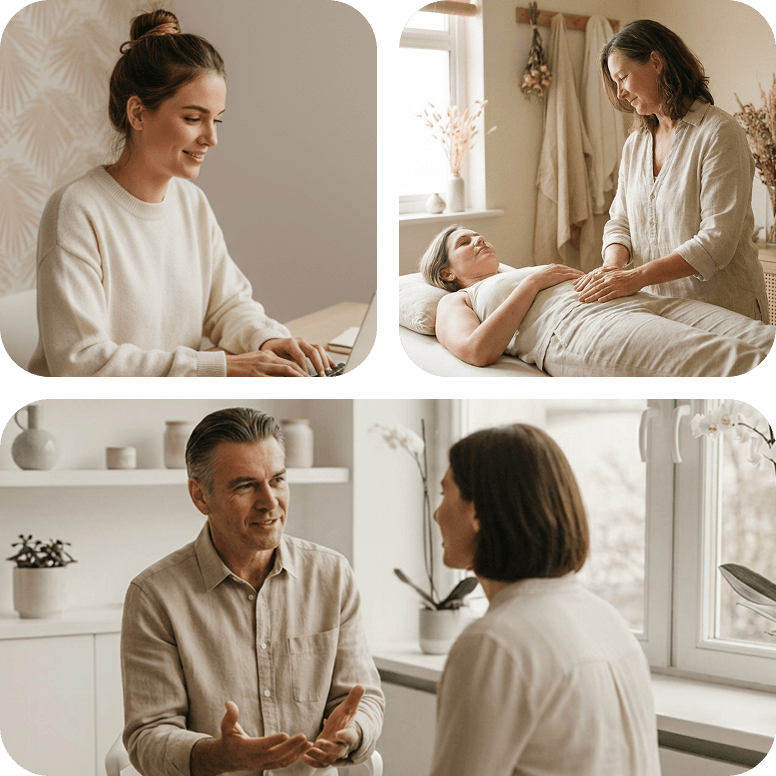 Illustration: Eine Collage aus drei Bildern zeigt verschiedene Situationen aus dem Arbeitsalltag. Oben links arbeitet eine Frau an einem Laptop. Oben rechts führt eine Frau eine Anwendung am Bauch einer liegenden Person durch. Im unteren Teil ist ein Mann in einem Beratungsgespräch mit einer Frau zu sehen. Die hellen Aufnahmen vermitteln eine professionelle und vertrauensvolle Atmosphäre.