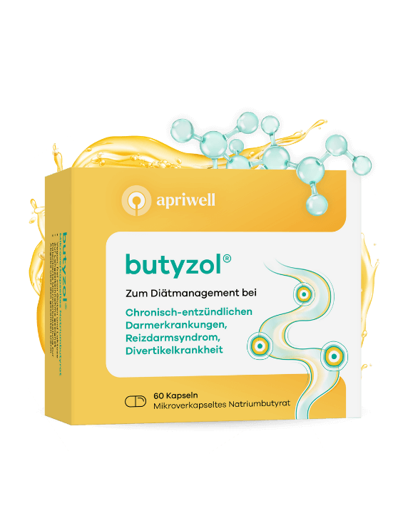 Produktbild – Butyzol, zum Diätmanagement bei chronisch-entzündlichen Darmerkrankungen, Reizdarmsyndrom, Divertikelkrankheit. 60 Kapseln. Mikroverkapseltes Natriumbutyrat.