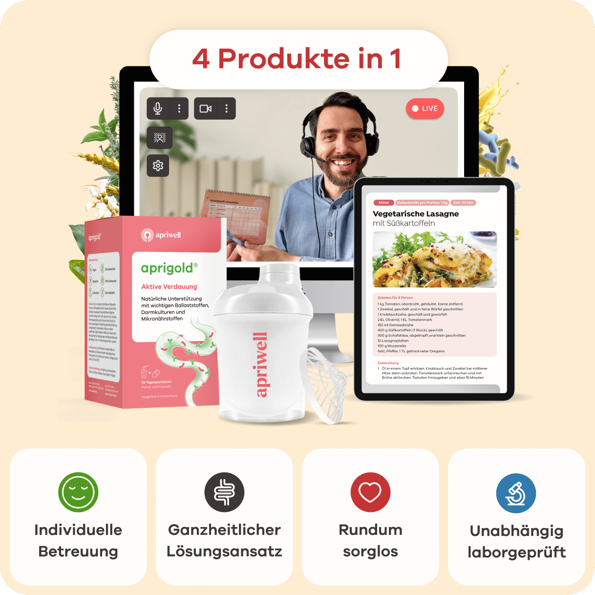 4 Produkte in 1. Ein lächelnder Mann mit Headset hält eine Online-Präsentation. Daneben sind eine Packung Aprigold Aktive Verdauung mit der Aufschrift „Natürliche Unterstützung mit wichtigen Ballaststoffen, Darmkulturen und Mikronährstoffen“ sowie ein Apriwell Mini-Shaker zu sehen. Auf einem Tablet ist ein Rezept für vegetarische Lasagne mit Süßkartoffeln dargestellt. Vier Kacheln darunter zeigen: Individuelle Betreuung, Ganzheitlicher Lösungsansatz, Rundum sorglos, Unabhängig laborgeprüft.
