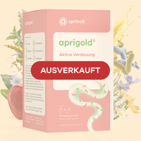 Produktpackung Aprigold "Aktive Verdauung (siehe Quelle 1)". Merkmale: Vegan, Ohne Gentechnik, Glutenfrei, Ohne Zuckerzusatz, Laktosefrei, Ohne Farbstoffe. Inhalt: 30 Tagesportionen Pulver und Kapseln. Hergestellt in Deutschland. Das Produkt ist derzeit AUSVERKAUFT.