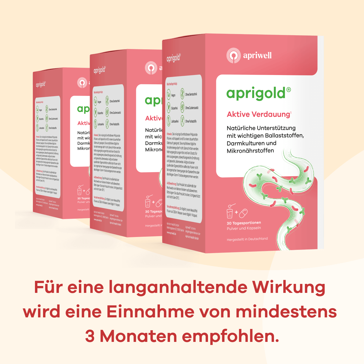 Drei rosa Verpackungen von Aprigold stehen leicht versetzt nebeneinander. Die vorderste Packung zeigt den Schriftzug „aprigold Aktive Verdauung“ und die Beschreibung „Natürliche Unterstützung mit wichtigen Ballaststoffen, Darmkulturen und Mikronährstoffen“. Symbole weisen auf „vegan, ohne Gentechnik, glutenfrei, ohne Zuckerzusatz, laktosefrei, ohne Farbstoffe“ hin. Es sind „30 Tagesportionen Pulver und Kapseln“, hergestellt in Deutschland. Darunter steht der Hinweis: „Für eine langanhaltende ...