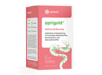 Produktbild – aprigold®, „Aktive Verdauung“, Natürliche Unterstützung mit wichtigen Ballaststoffen, Darmkulturen und Mikronährstoffen. 30 Tagesportionen Pulver und Kapseln.