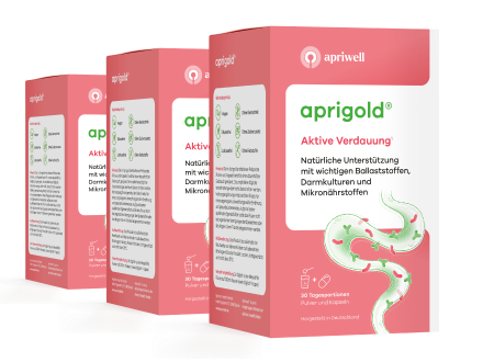 Produktbild – Drei Packungen Aprigold, einer natürlichen Unterstützung für die Verdauung mit Ballaststoffen, Darmkulturen und Mikronährstoffen. Die Packungen sind rosa mit weißen und grünen Akzenten. Auf der Vorderseite steht der Produktname und eine Illustration eines Darms mit Bakterien.