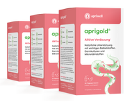 Produktbild – Drei Packungen Aprigold, einer natürlichen Unterstützung für die Verdauung mit Ballaststoffen, Darmkulturen und Mikronährstoffen. Die Packungen sind rosa mit weißen und grünen Akzenten. Auf der Vorderseite steht der Produktname und eine Illustration eines Darms mit Bakterien.