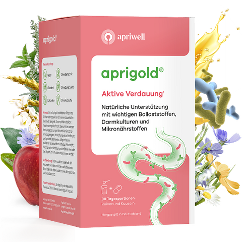 Produktpackung Aprigold Aktive Verdauung (siehe Quelle 1). Natürliche Unterstützung mit wichtigen Ballaststoffen, Darmkulturen und Mikronährstoffen. Reinheit: Vegan, ohne Gentechnik, glutenfrei, ohne Zuckerzusatz, laktosefrei, ohne Farbstoffe. Eine Illustration zeigt den Darm. 30 Tagesportionen Pulver und Kapseln. Hergestellt in Deutschland.