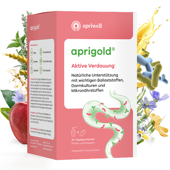 Produktpackung Aprigold Aktive Verdauung (siehe Quelle 1). Natürliche Unterstützung mit wichtigen Ballaststoffen, Darmkulturen und Mikronährstoffen. Reinheit: Vegan, ohne Gentechnik, glutenfrei, ohne Zuckerzusatz, laktosefrei, ohne Farbstoffe. Eine Illustration zeigt den Darm. 30 Tagesportionen Pulver und Kapseln. Hergestellt in Deutschland.