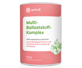 Produktbild: Eine Dose mit der Aufschrift "apriwell Multi-Ballaststoff-Komplex", Nahrungsergänzungsmittel aus 10 Ballaststoff-Quellen und mit Calcium für eine gesunde Verdauung (siehe Quelle 1). Die Dose wiegt 420g und wurde in Deutschland hergestellt. Sie ist rosa und weiß. Daneben ist eine Illustration von grünen Äpfeln.